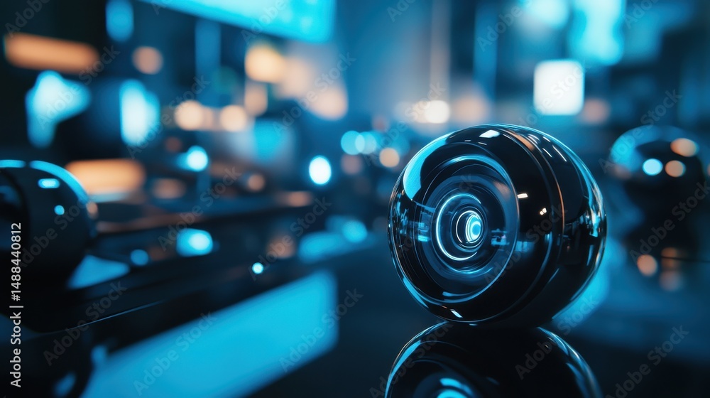 Fototapeta premium Close up of VR headset lenses on tech desk, with blurred background.