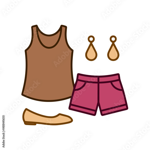 Brown tank top, pink shorts, earrings, and shoes for travel-ready capsule wardrobe  