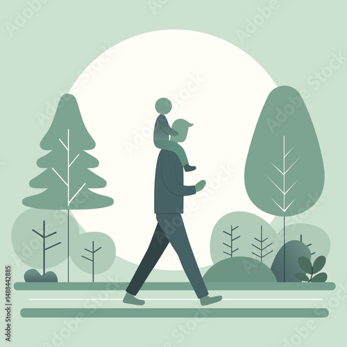Flat faceless vector of father and child walking in nature. Animation-friendly design, ideal for Father’s Day wish cards, posters, or explainer video scenes.