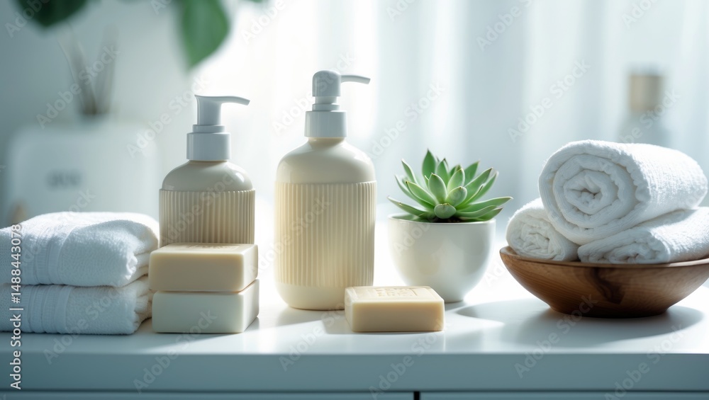 Bright bathroom featuring ceramic soap and shampoo bottles along with white cotton towels on a white countertop. Bright bathroom featuring ceramic soap and shampoo bottles along with white cotton towels on a white countertop.
