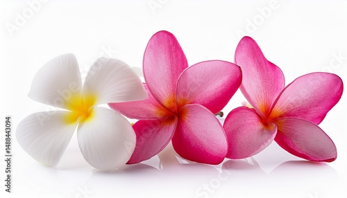 pink and white frangipani or plumeria tropical flowers isolated on white background