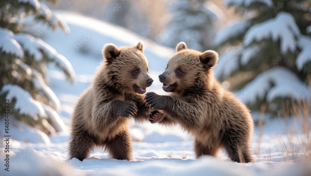 Obraz premium Two charming bear cubs having fun in the snow.