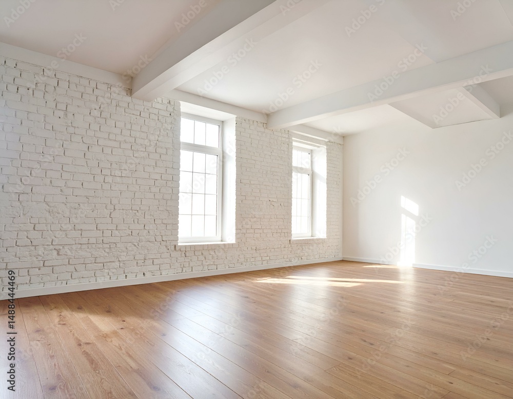 Obraz premium Bright, airy empty room with white brick wall, hardwood floors, and large windows. Perfect for showcasing furniture, products, or design concepts.