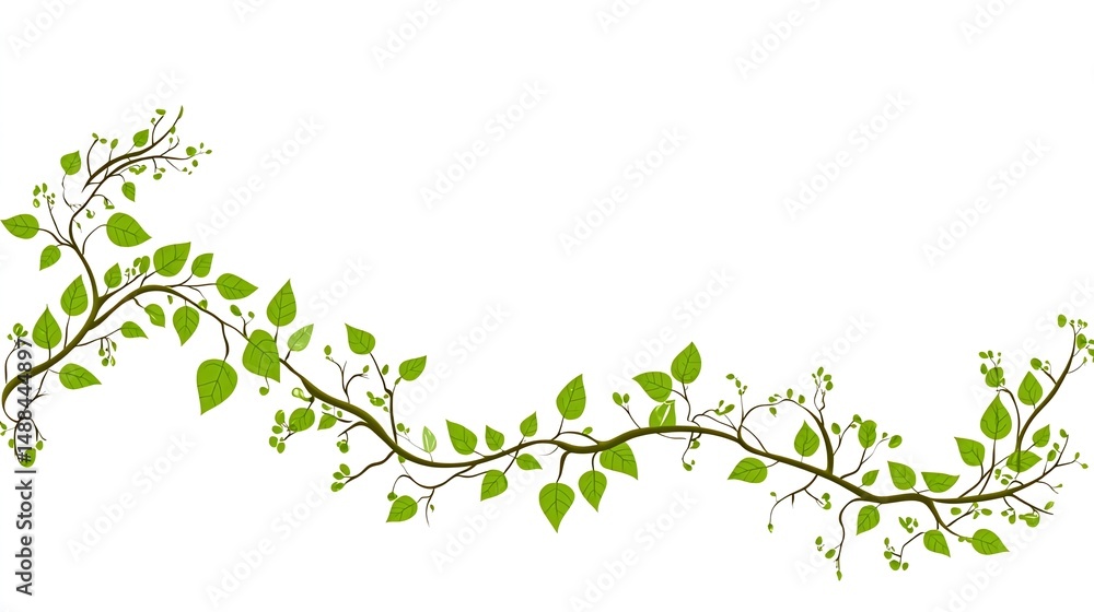 A curving vine with small, light-green leaves and tiny buds, set against a stark white backdrop A curving vine with small, light-green leaves and tiny buds, set against a stark white backdrop