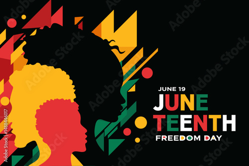 Juneteenth, Freedom Day modern abstract banner, poster, card, geometric background, silhouettes of 
African American man, woman, June 19