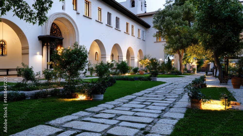 Obraz premium A tranquil courtyard features stone pathways surrounded by lush greenery and soft lighting, creating a peaceful atmosphere during twilight in a historic building