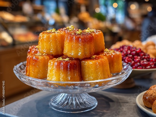 Sweet glazed pastries elegantly displayed on glass stand