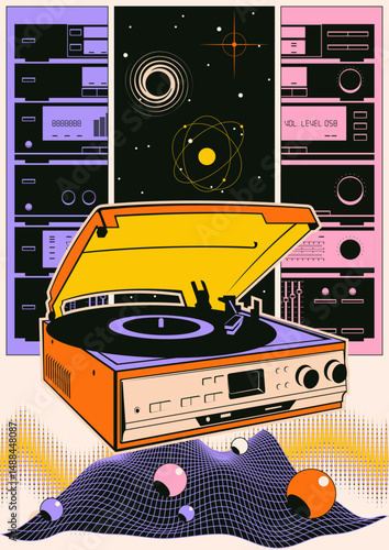 Abstract Poster 1970s - 1980s Style. Vinyl Player, Stereo Systems, Geometric Shapes, Space Background, Vintage Colors 