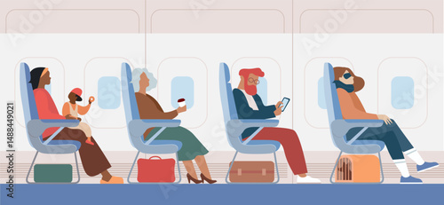 Airplane interior with traveling passengers. People travel by plane.