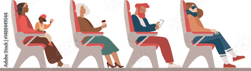 Group of traveling passengers seating on their seats.