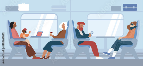 Train interior with traveling passengers. People travel by train.
