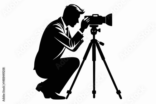 man taking photo using tripod silhouette line art vector illustration with a white background