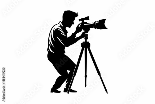man taking photo using tripod silhouette line art vector illustration with a white background