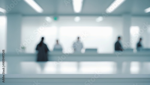 White shop counter with defocused interior design and customers at the register for product display