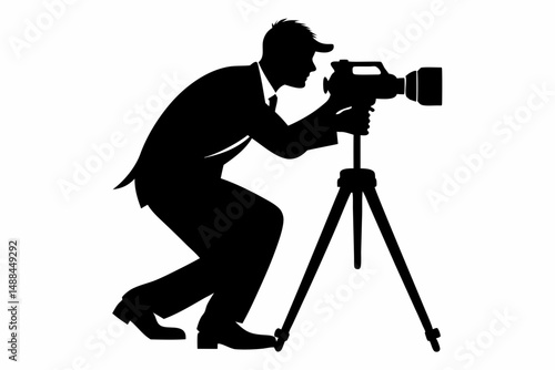 man taking photo using tripod silhouette line art vector illustration with a white background