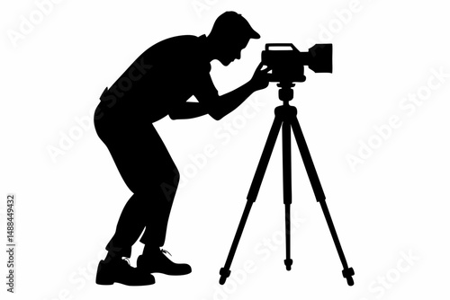 man taking photo using tripod silhouette line art vector illustration with a white background