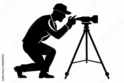 man taking photo using tripod silhouette line art vector illustration with a white background