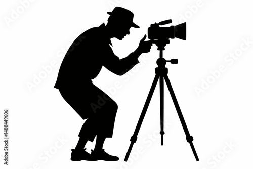 man taking photo using tripod silhouette line art vector illustration with a white background
