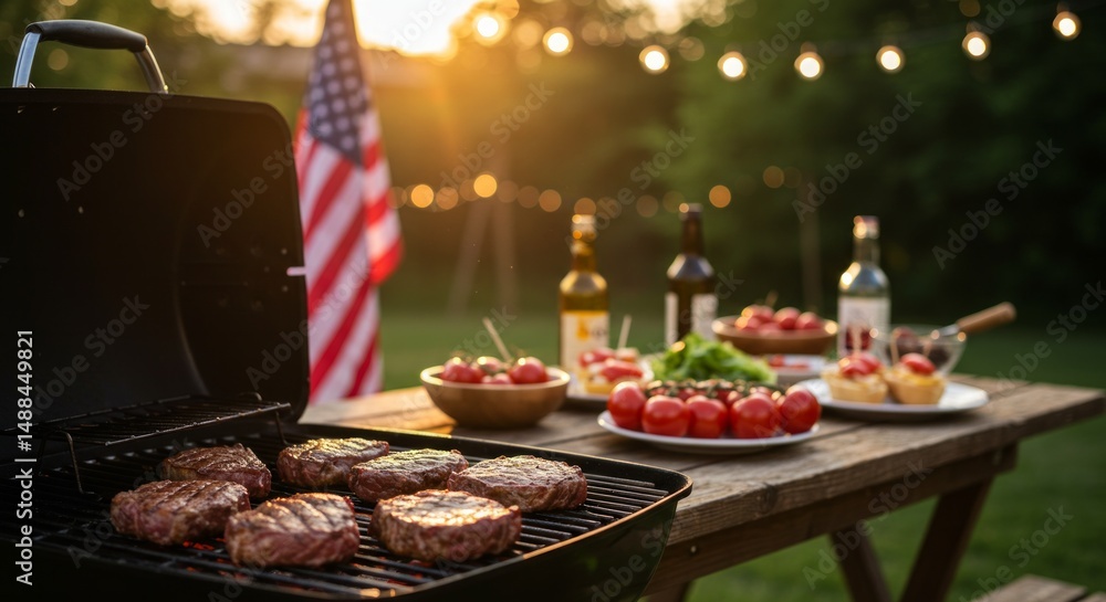 Celebrating summer with a barbecue, enjoying burgers, salads, and drinks Celebrating summer with a barbecue, enjoying burgers, salads, and drinks