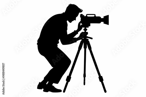 man taking photo using tripod silhouette line art vector illustration with a white background