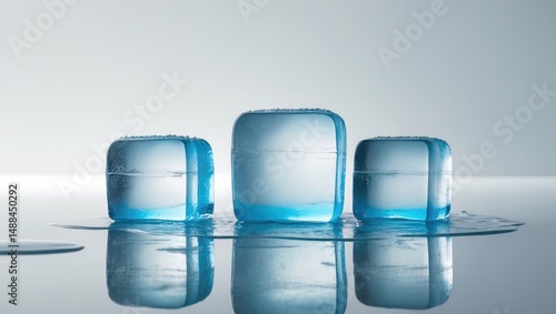 Reflective surface with melting natural crystal clear ice cubes.