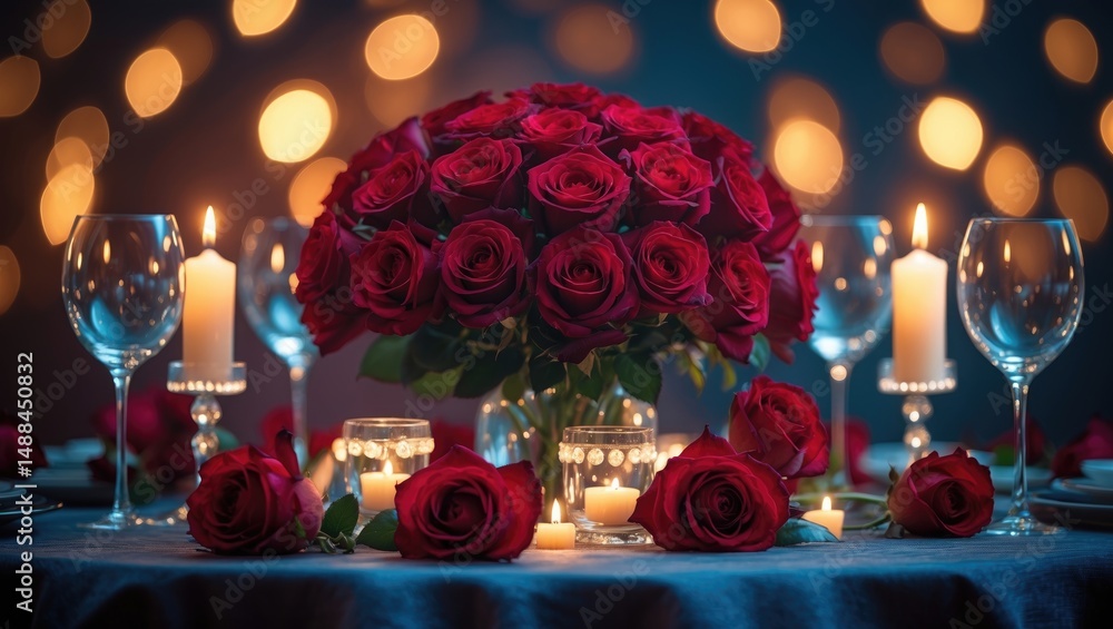 Naklejka premium A bouquet of red roses with candles placed on the dining table