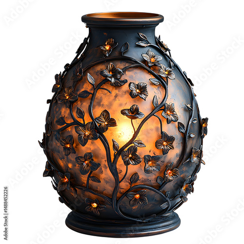 Handcrafted bronze lantern, with delicate vines wrapping around the base, isolated on white background.
