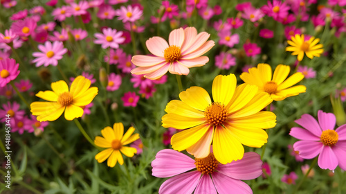 Yellow cosmos blooming against a pink flowerbed of False dragonhead