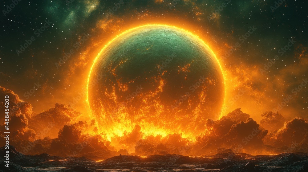 Obraz premium Fiery planet rising through clouds