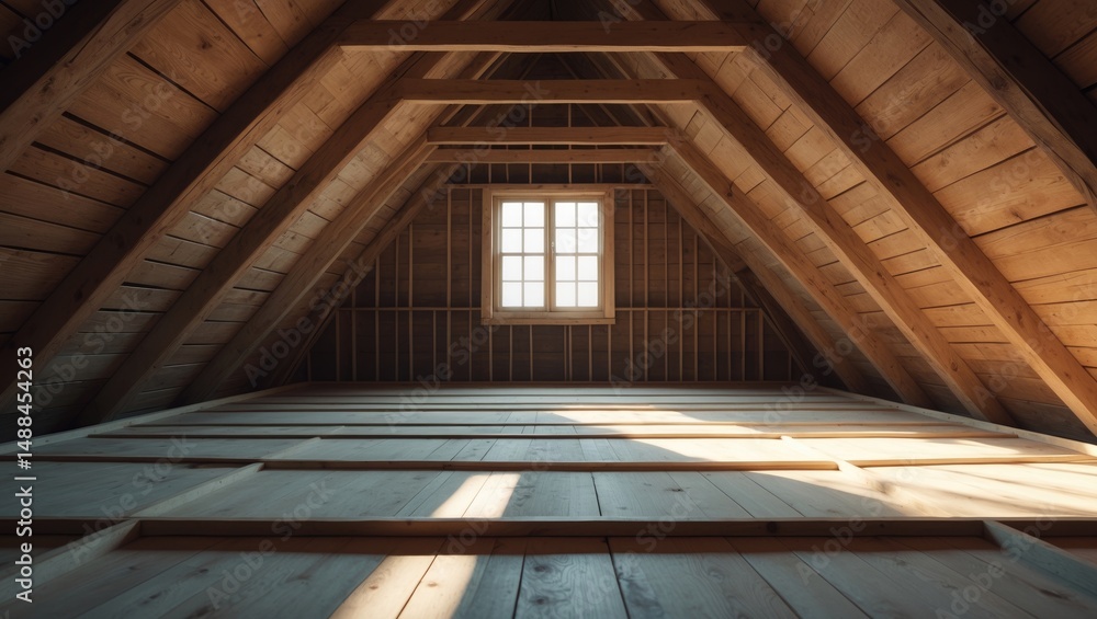 Fototapeta premium Expansive Attic in Development Featuring Visible Wooden Beams and Structure