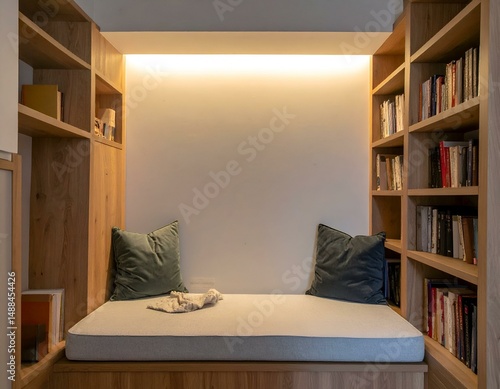 Cozy reading nook with built-in wooden shelves and cushioned seating. Perfect for relaxing and enjoying books.