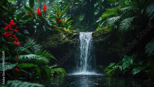 Rainfall splashes on garden leaves, creating a moist, natural scene with soft focus