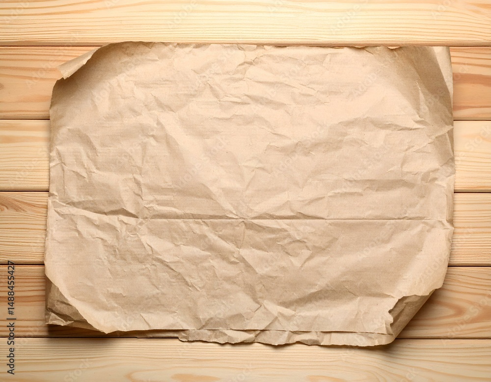 Obraz premium Crumpled brown paper on light wooden background. Perfect for design, texture, or mockup.