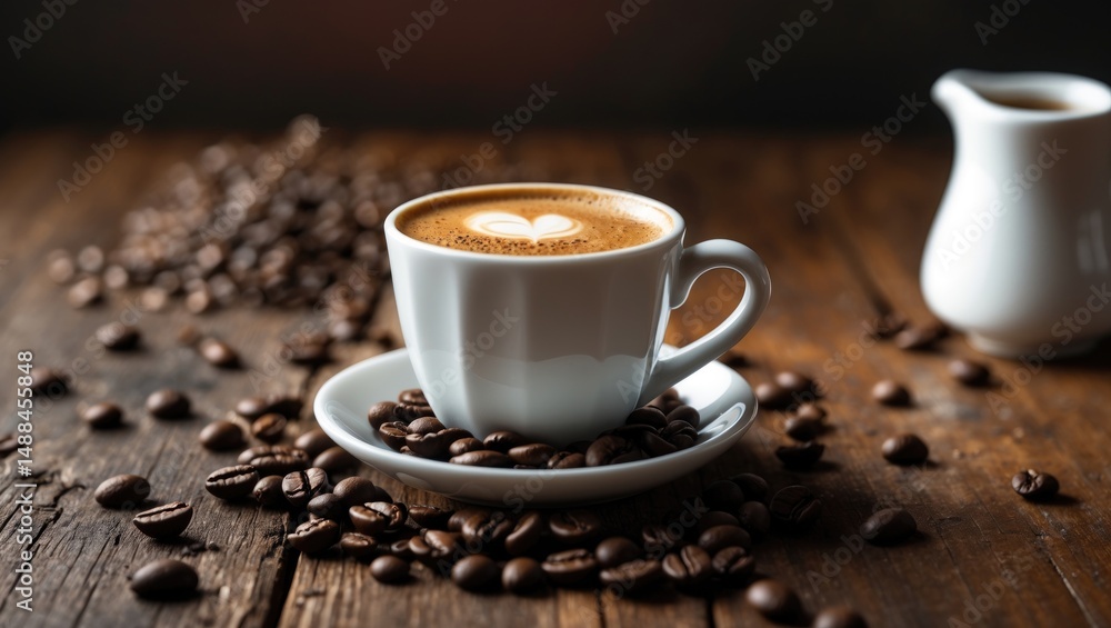 White cup of espresso macchiato with milk and coffee beans displayed on the table White cup of espresso macchiato with milk and coffee beans displayed on the table