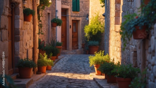 Appealing tight passage in a charming village with stone barriers, potted plants, and warm rays of sunlight, embodying the calm and inviting spirit of traditional life