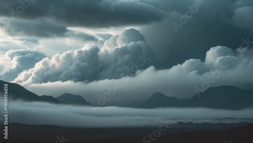 Somber scenery featuring far-off misty mountains and a striking overcast sky