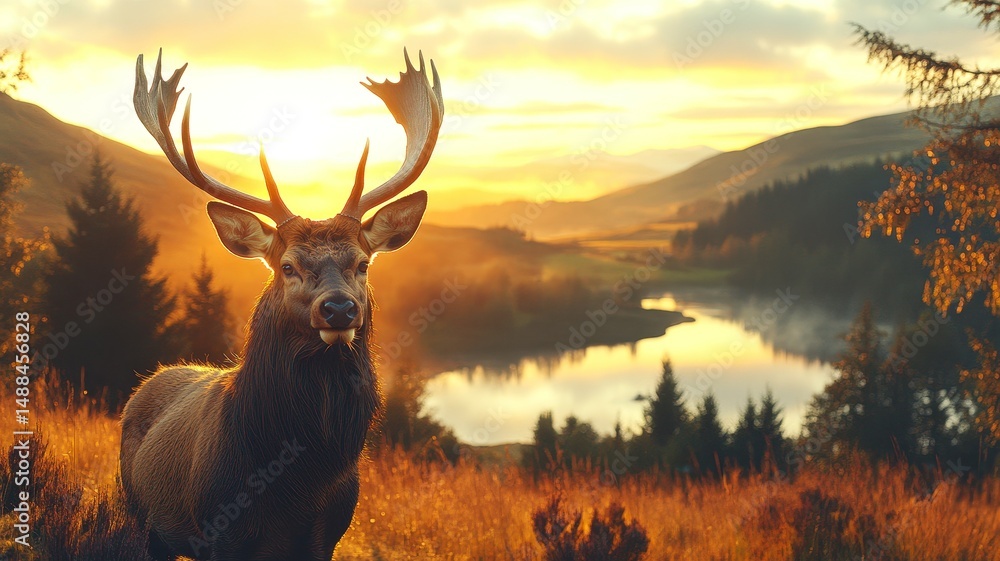 Fototapeta premium Nature-inspired Wildlife Portrait Majestic Stag at Sunrise Over Serene Landscape with River and Misty Mountains in the Background