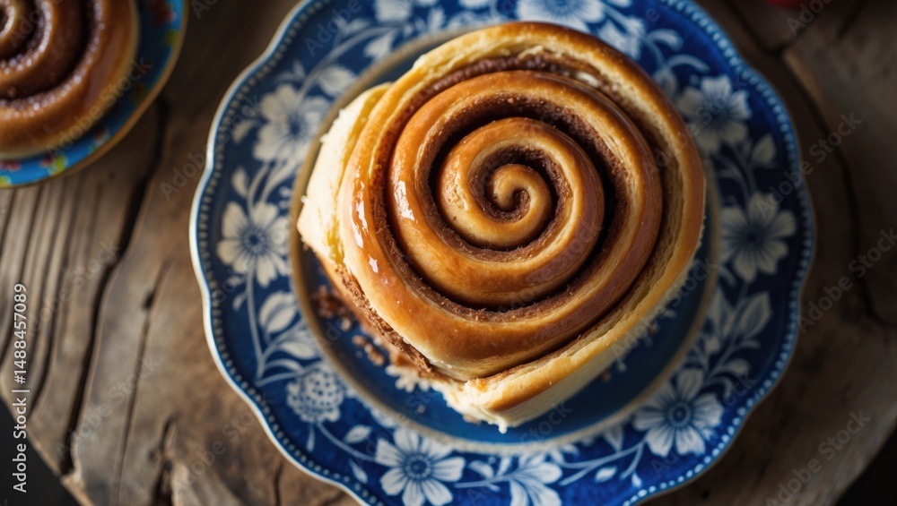 Fototapeta premium newly baked cinnamon roll on a retro dish