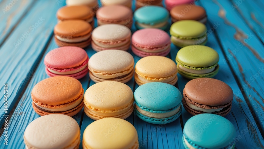 Obraz premium Sweet and brightly colored macaroons set against a blue wooden background