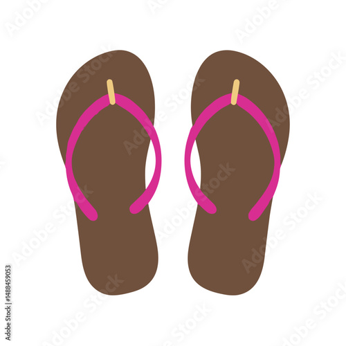 Brown flip flops with pink straps on white background representing Swimwear & Beachwear  