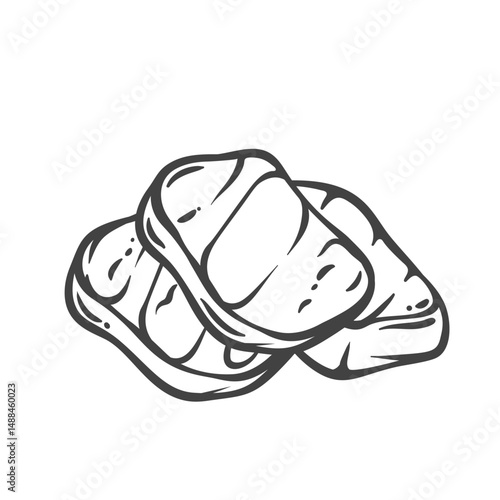 Grilled halloumi cheese slices with textured surface in engraved doodle style. Hand drawn dairy food item. Vector illustration for menu, recipe, or culinary design.