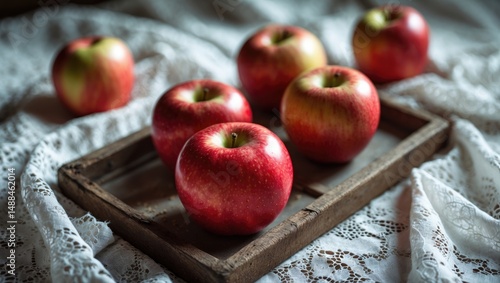 Vibrant red apples resting on a textured wooden tray. Focused view on the foremost apple. The delicate white tablecloth. Close-up shot.