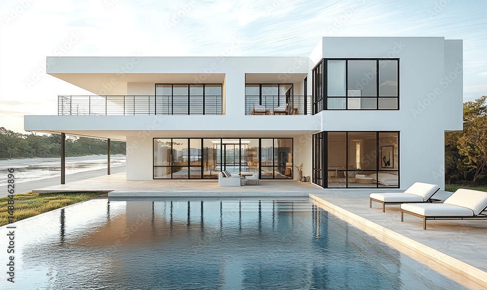 Fototapeta premium Modern white house with infinity pool, showcasing sleek architecture and expansive glass windows overlooking tranquil waters