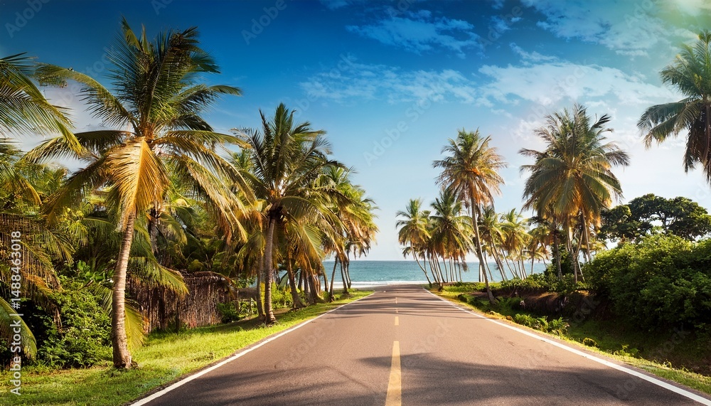 Fototapeta premium road in the tropics among palm trees and the sea