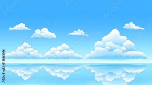 Stunning Sky Reflection: Serene Ocean and Puffy Clouds