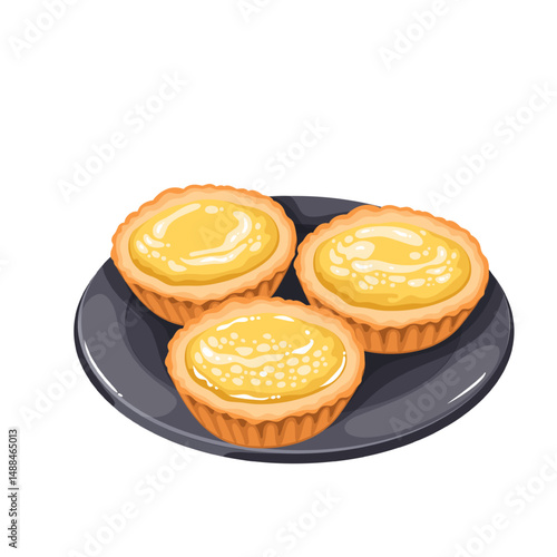 Hong Kong-style egg tarts with golden yellow filling served on a dark plate. Sweet baked pastry with glossy top. Cartoon food vector illustration of egg tarts for bakery, packaging, or menu design.
