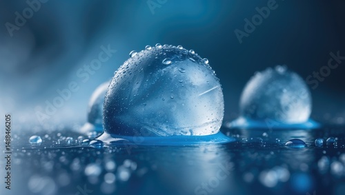 Detailed view of ice cubes inside a misted glass with drops of ice water. Chilling and refreshing beverage. Blue backdrop. Full screen