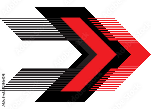 Striped arrow, red and black on white. Strict vector design element. Sport racing pattern. Direction indicator, navigation. Stripe on car, moto, boat, sports car and toy. Vector background. Speed.

