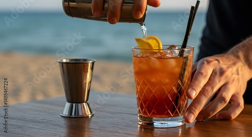 Bartender crafting cocktail near ocean