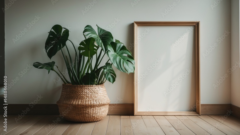 Fototapeta premium Attractive philodendron plants with a bare frame photo in a living area